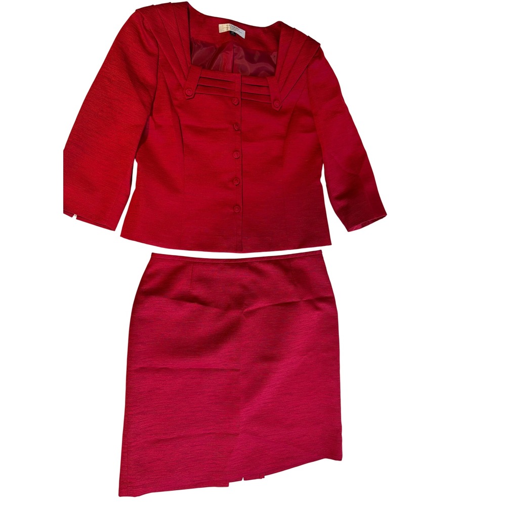 Tahari Skirt Suit Women 14P Red Excellent Textured Square Neck 2 Piece Set